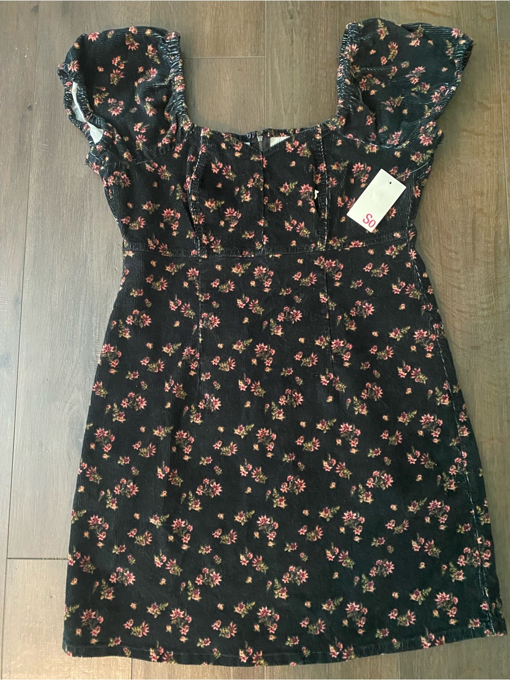SO Dark Green Corduroy Mini Dress with Pink Floral Print and Square Neckline
